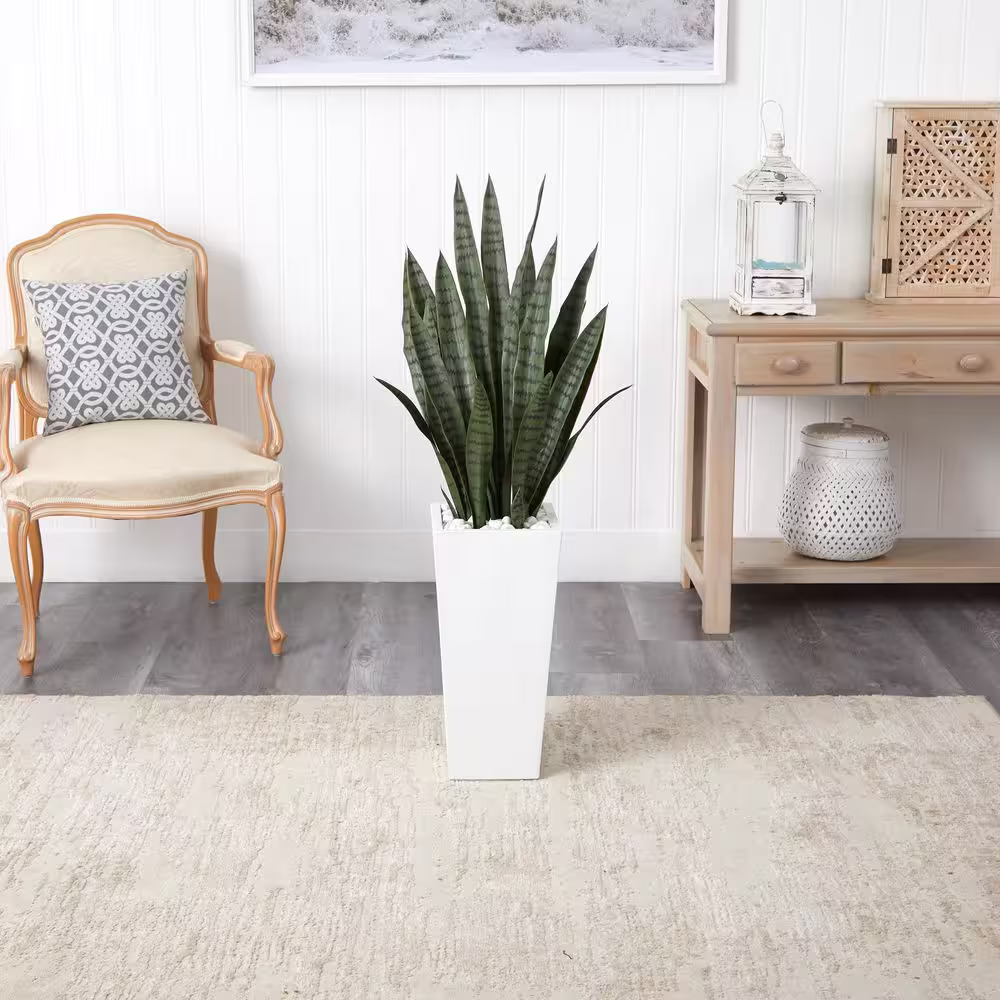 Nearly Natural 4 ft. Sansevieria Artificial Plant in White Tower Planter