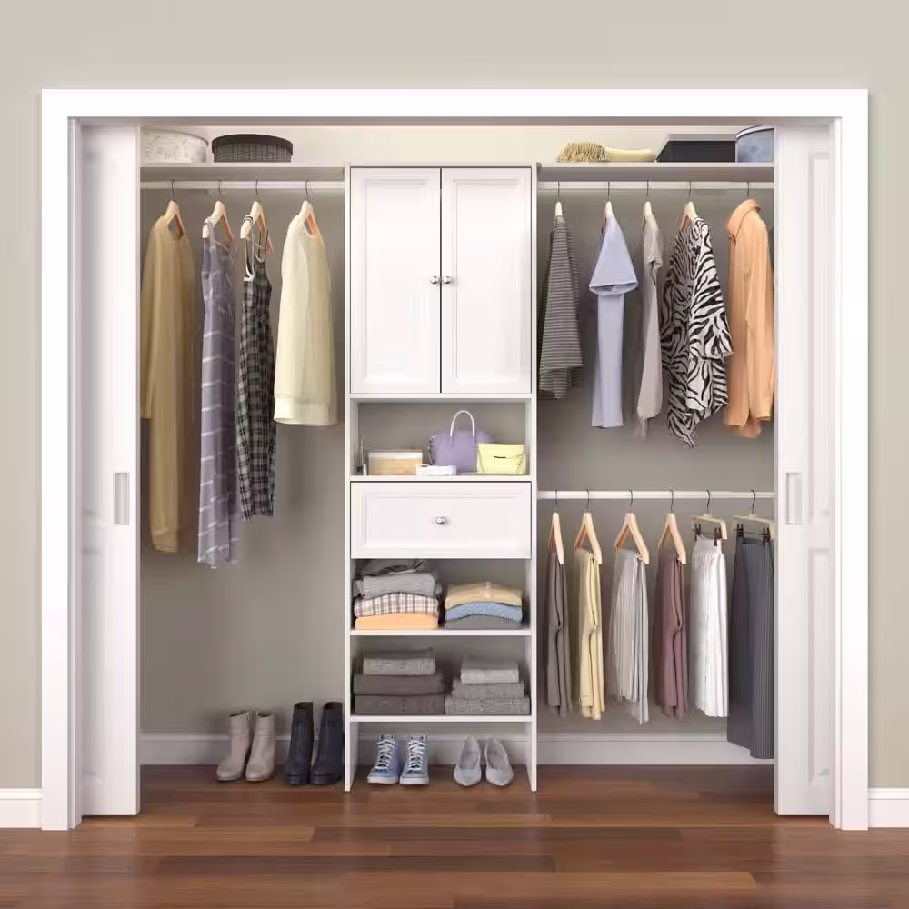 ClosetMaid Selectives 85 in. W x 121 in. W White Basic Plus Standard Wood Closet System Kit with Drawer and Doors