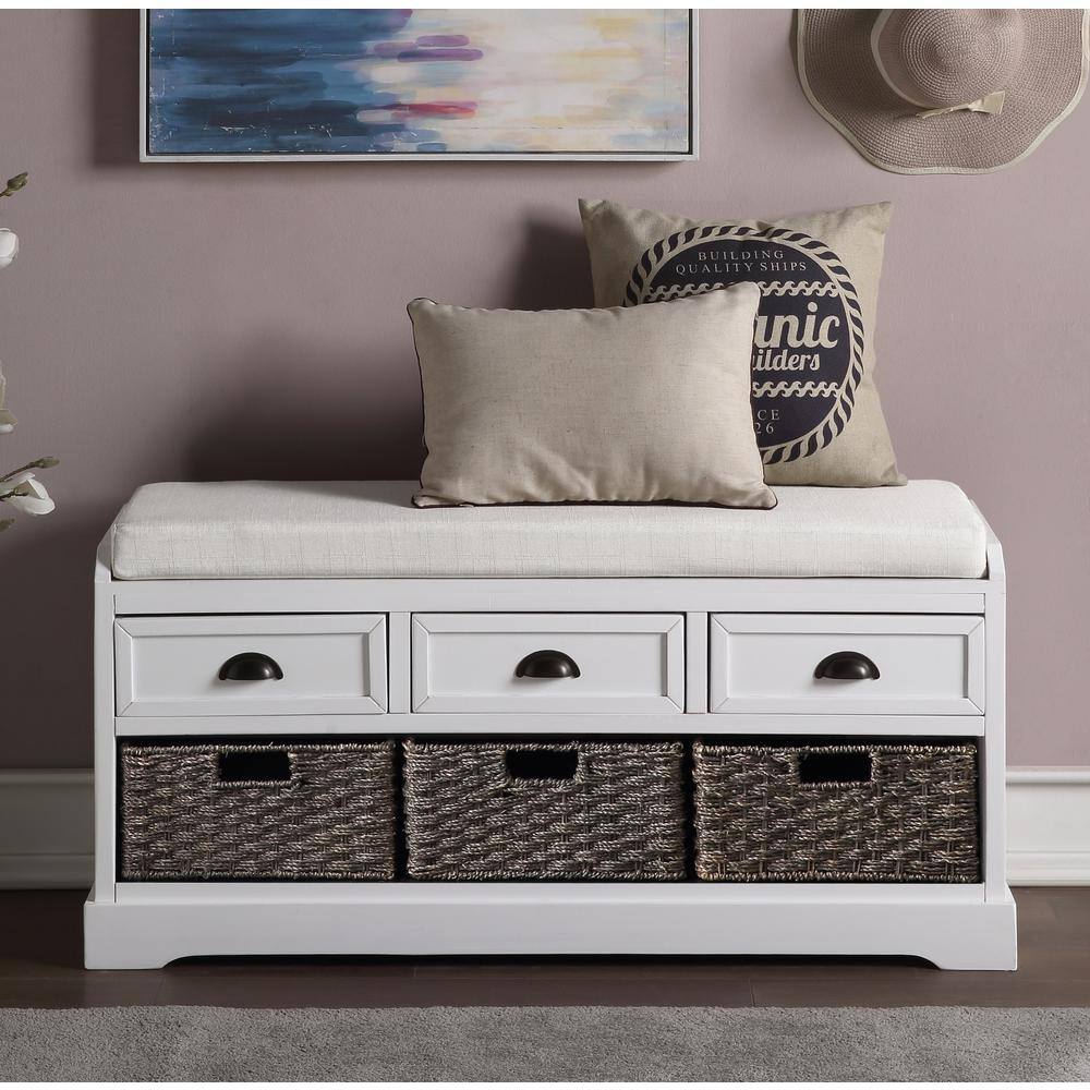 None White Wooden Storage Bench w/ 3-Drawers, 3-Baskets and Cushion for Entryway, Hallway, 20.2 in. H x 44 in. W x 13.7 in. D