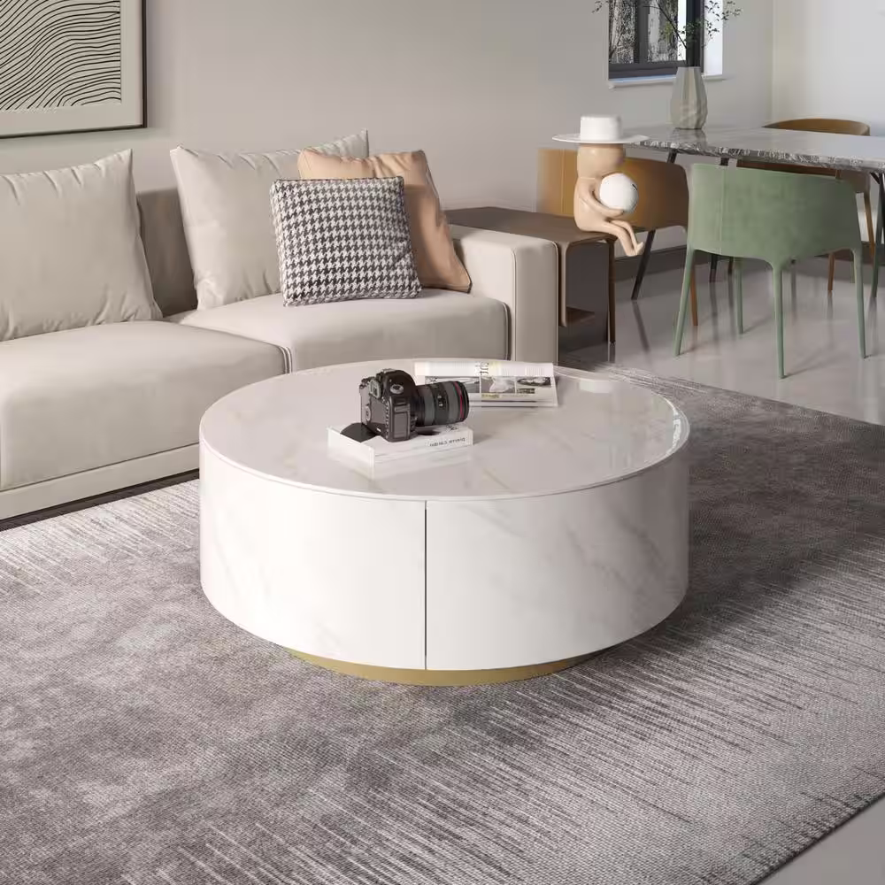 J&E Home 35.43 in. Modern Sintered Stone Top Drum Coffee Table with 2 Solid Wood Drawers in White