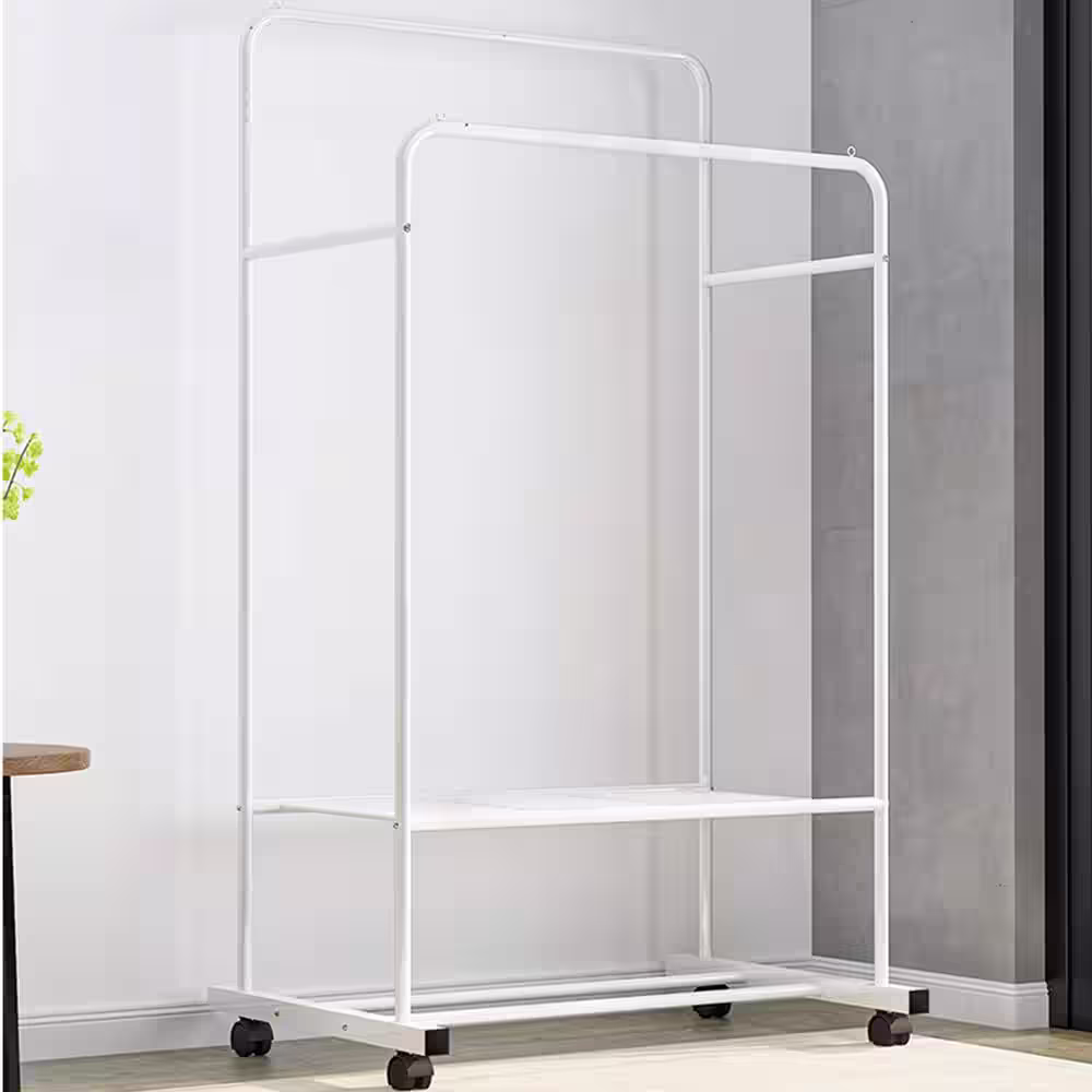 None White Metal Garment Clothes Rack Double Rods 31.5 in. W x 63 in. H