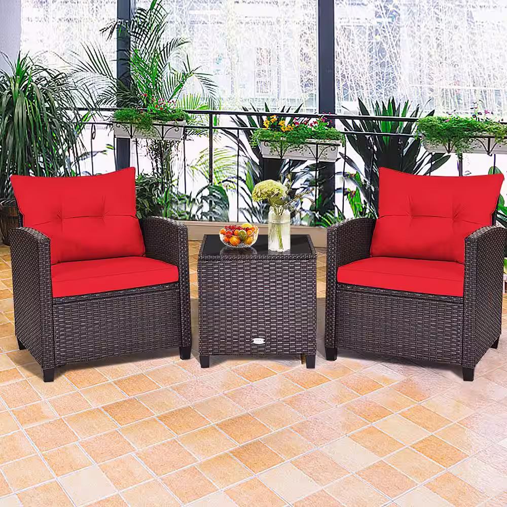 Gymax 3-Pieces Rattan Outdoor Patio Conversation Set with Coffee Table, Red Cushion