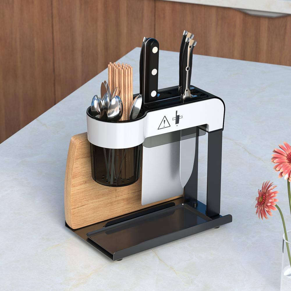 eModernDecor Black Stainless Steel Utensil and Cutlery Rack Kitchen Organizer Drip Tray Knife Storage Block with Cutting-board Holder
