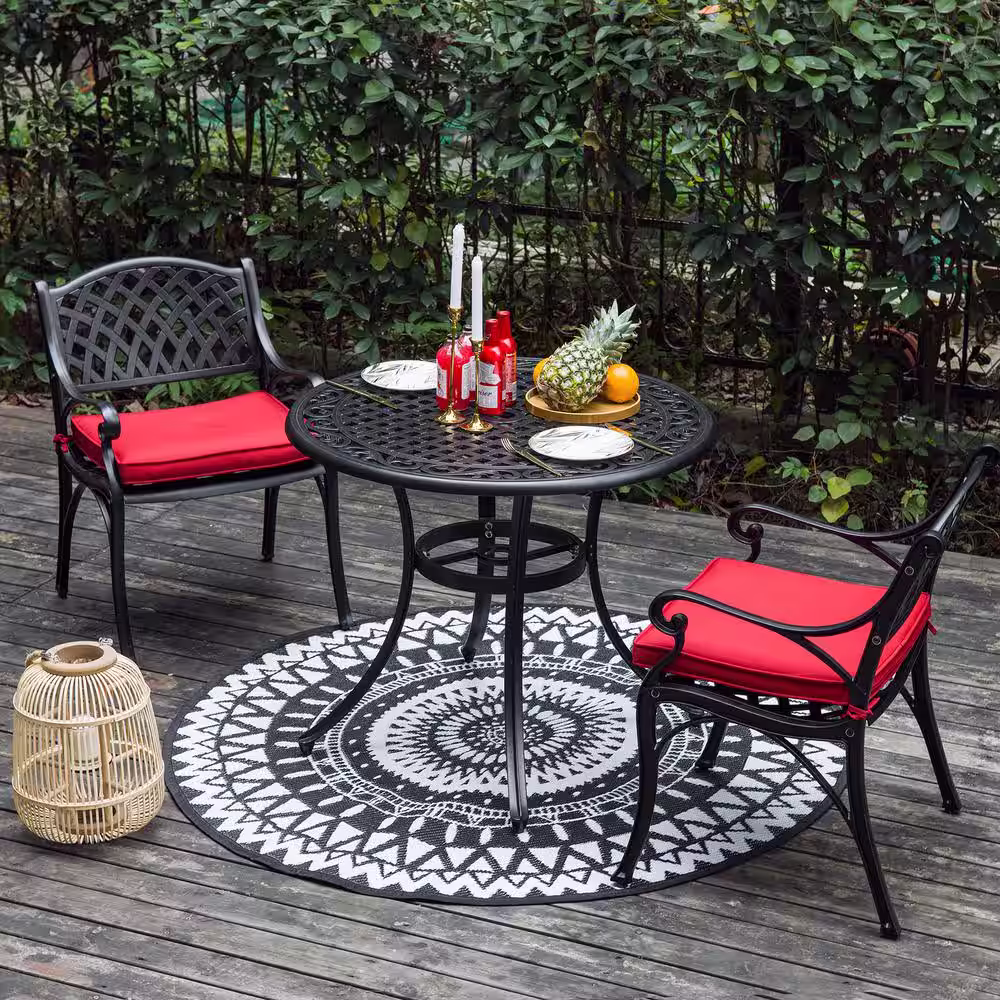 Nuu Garden Antique Bronze 3-Piece Cast Aluminum Patio Conversation Set with Red Cushions