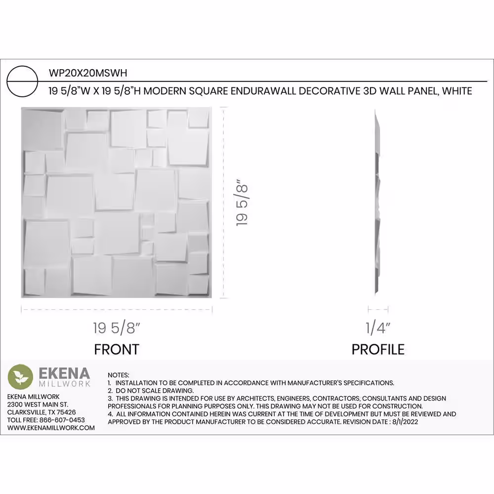 Ekena Millwork 19 5/8 in. x 19 5/8 in. Modern Square EnduraWall Decorative 3D Wall Panel, White, (50-Pack for 133.73 Sq. Ft.)