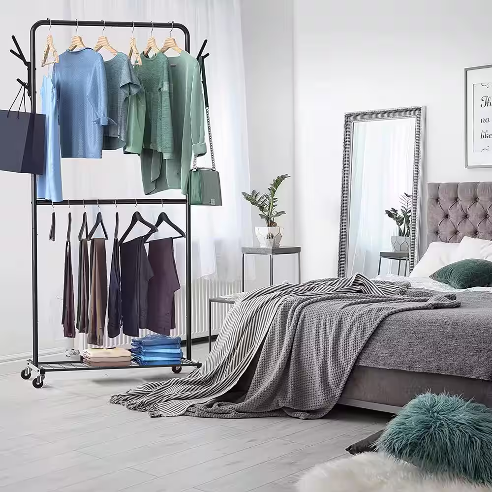 None Black Metal Garment Clothes Rack With Double Rod 39 in. W x 71 in. H