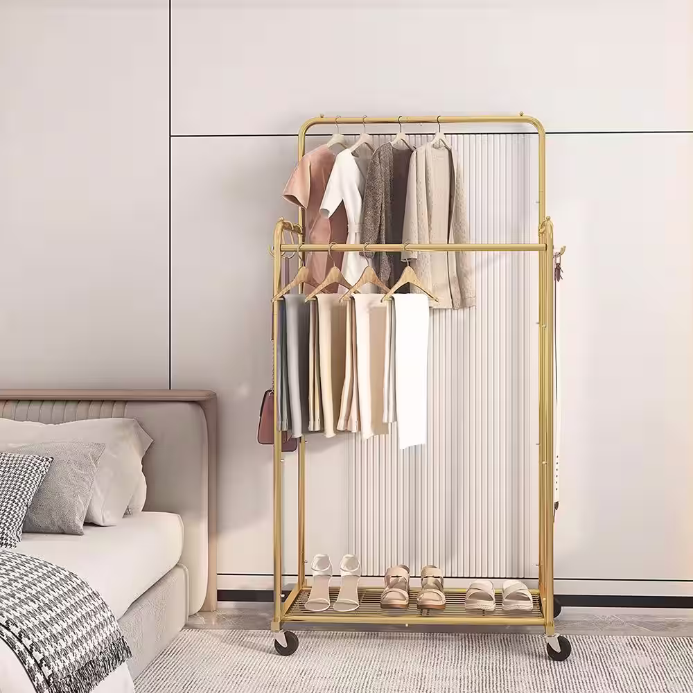 None Gold Metal Garment Clothes Rack With Double Rod 29 in. W x 60 in. H