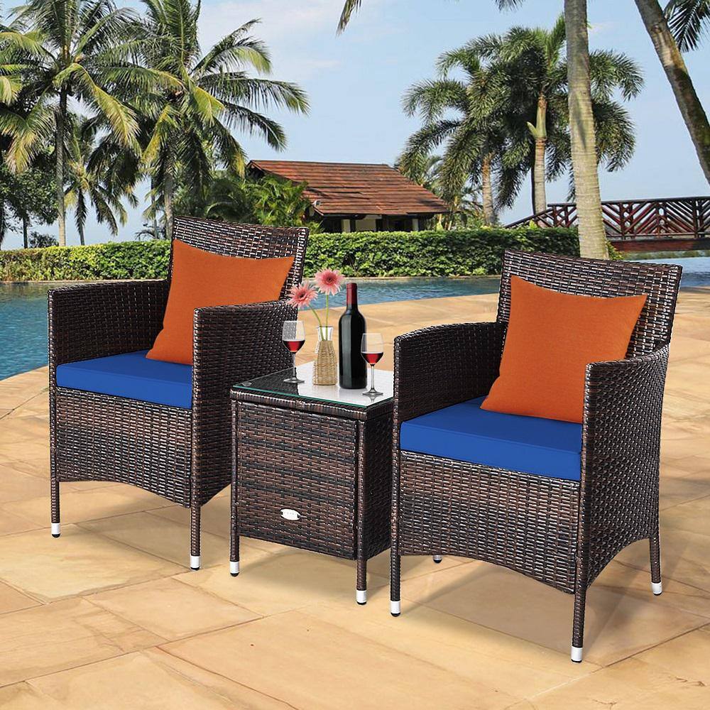 Gymax 3-Piece Rattan Patio Chair and Table Furniture Set Outdoor with Navy Cushion