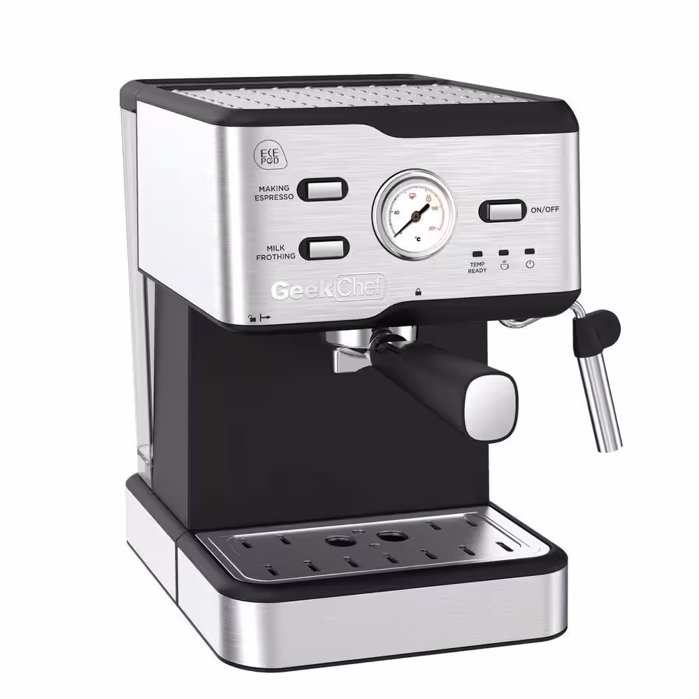 None 2-Cup Silver 20-Bar Espresso Machine Coffee Maker with ESE POD Filter, Milk Frother Steam Wand, Thermometer, Water Tank