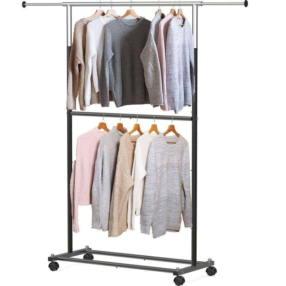 None Black Alloy Steel Garment Clothes Rack Double Rods 30.5 in. W x 64.2 in. H