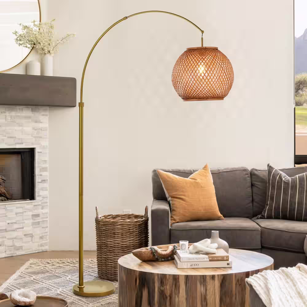 ALOA DECOR 77 in. 1-Light Antique Gold Arc Floor Lamp with Hand-woven Bamboo Shade