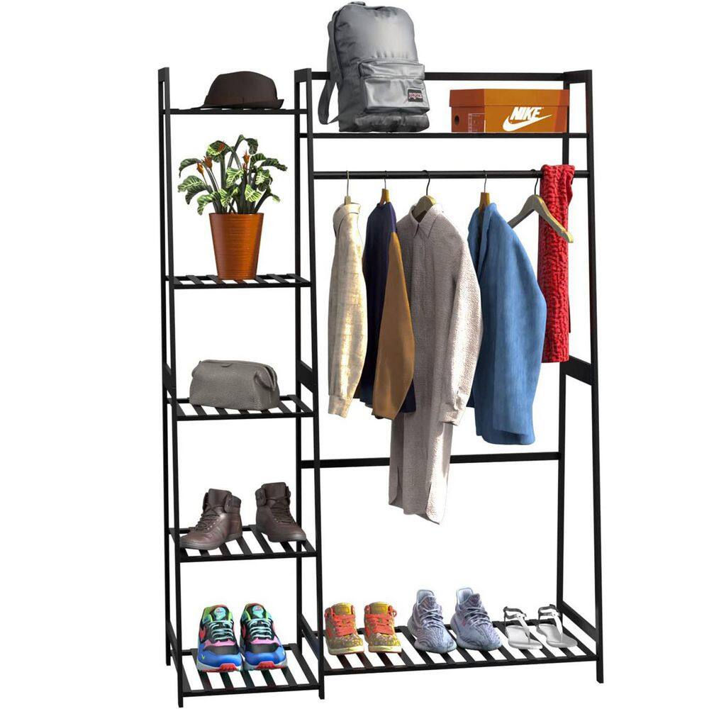 Siavonce Black Bamboo Freestanding Closet Organizer Storage Shelves Hanging Clothes Rack with Shelves