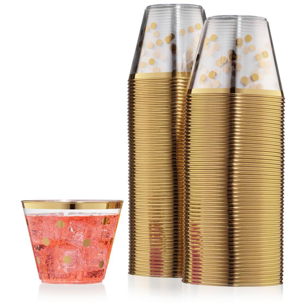 None 9 oz. Polka Dot Gold Rim Clear Disposable Plastic Cups, Party, Cold Drinks, (110/Pack)