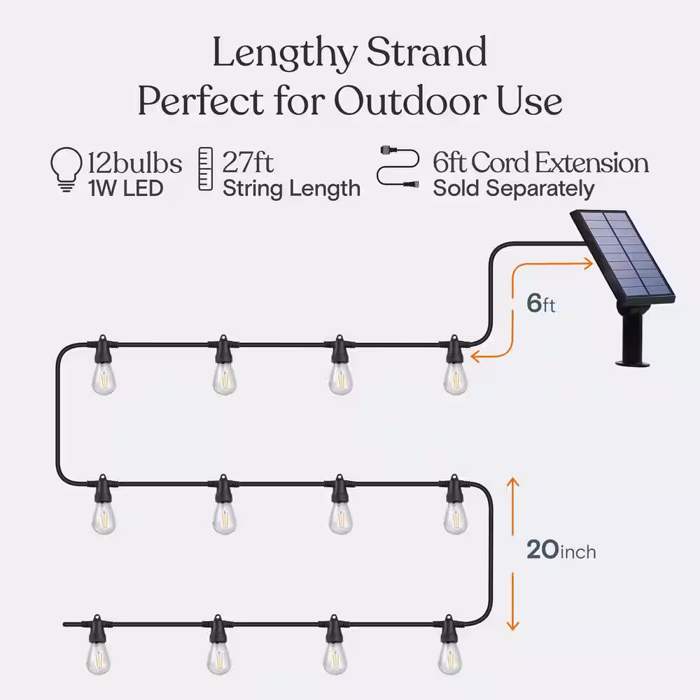 Brightech Ambience Pro 12-Light 27 ft. Outdoor Solar 1W 3000k LED S14 Remote Control Edison Bulb String-Light