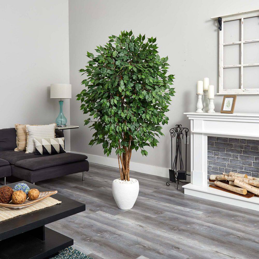 Nearly Natural Indoor 6 ft. Ficus Artificial Tree in White Planter