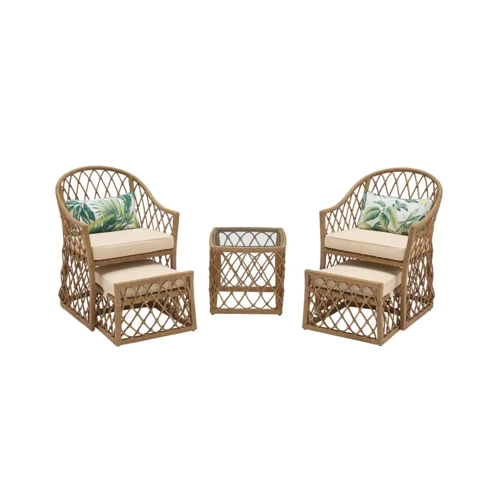 Hampton Bay Long Beach 5-Piece Steel Outdoor Patio Conversation Seating Set with Beige Cushions