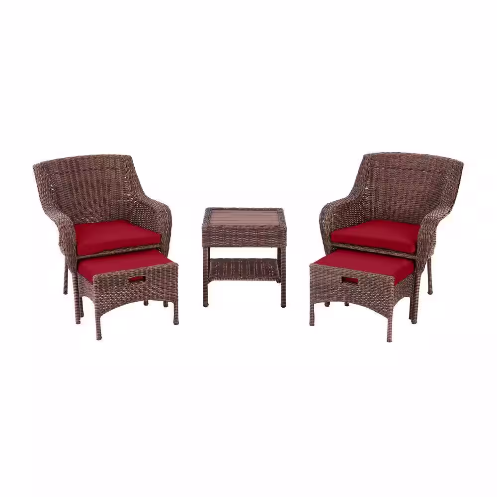 Hampton Bay Cambridge 5-Piece Brown Wicker Outdoor Patio Conversation Seating Set with CushionGuard Chili Red Cushions