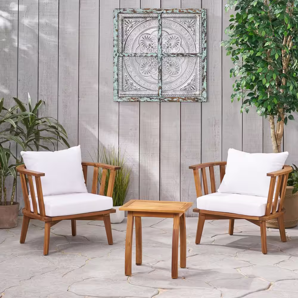 Noble House Barton Teak Brown 3-Piece Wood Patio Conversation Seating Set with White Cushions
