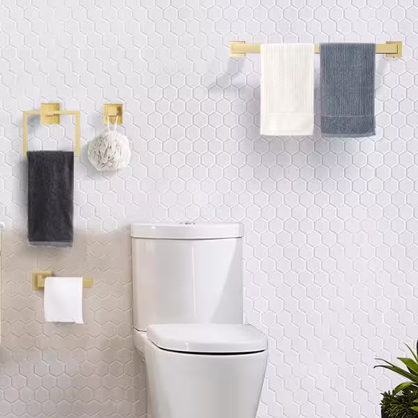 None 5 Pieces Bathroom Hardware Accessories Set with Towel Holder, Roll Paper Holder, 2 Hooks, Towel Ring, Brushed Gold
