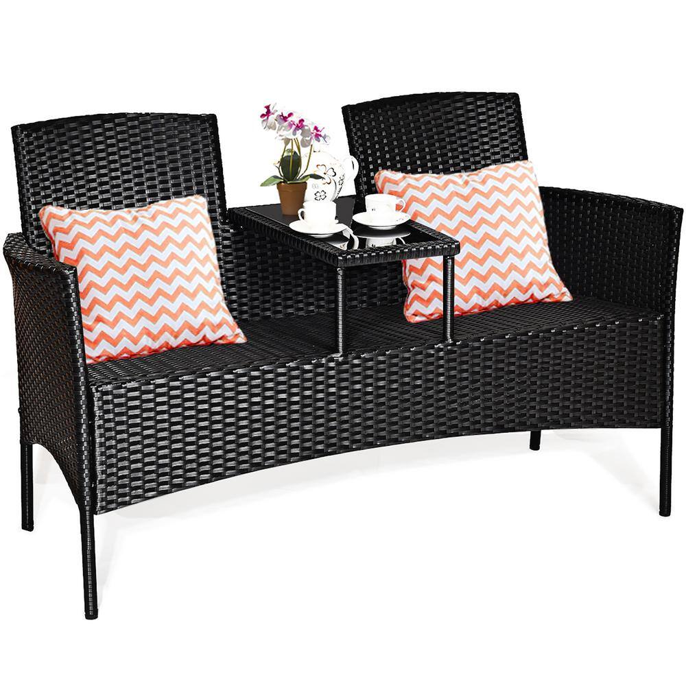 Costway Modern Black 1-Piece Wicker Patio Seating Set with Red Cushions