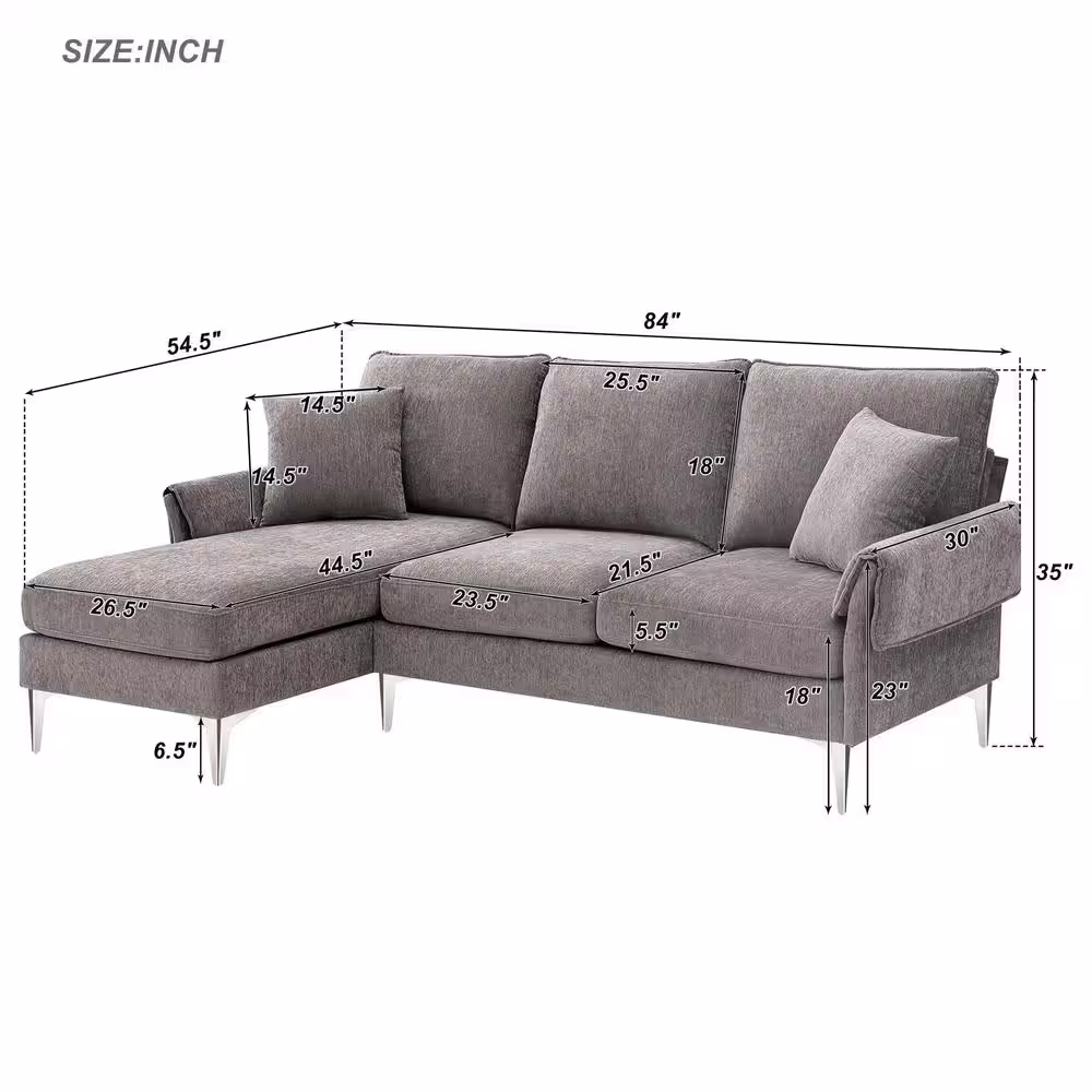 Harper & Bright Designs 84 in. W Flared Arm Chenille L-Shaped Modern Sectional Sofa in Gray with 2 Pillows