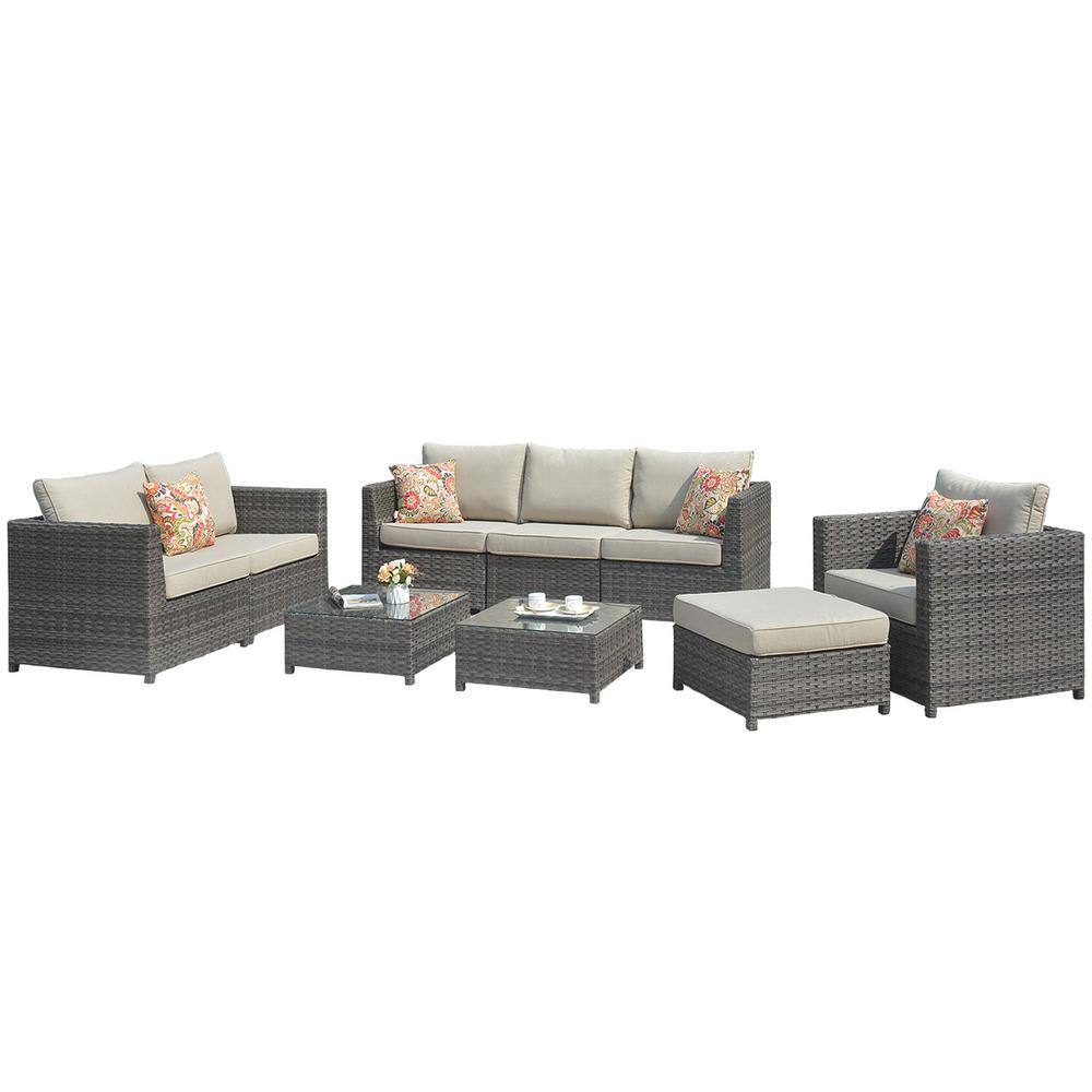 OVIOS Victorie Gray 9-Piece Big Size Wicker Outdoor Patio Conversation Seating Set with Beige Cushions