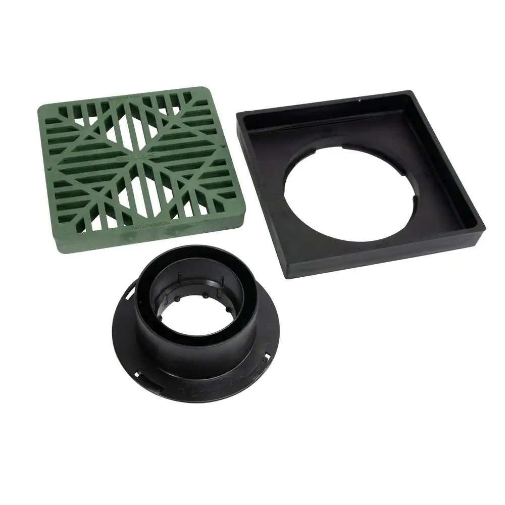 NDS 9 in. Plastic Square Low Profile Drainage Catch Basin with Grate in Green
