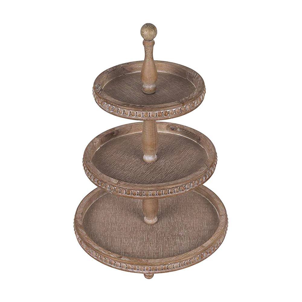 Storied Home Bungalow Lane Brown Wooden 3-Tier Round Decorative Tray