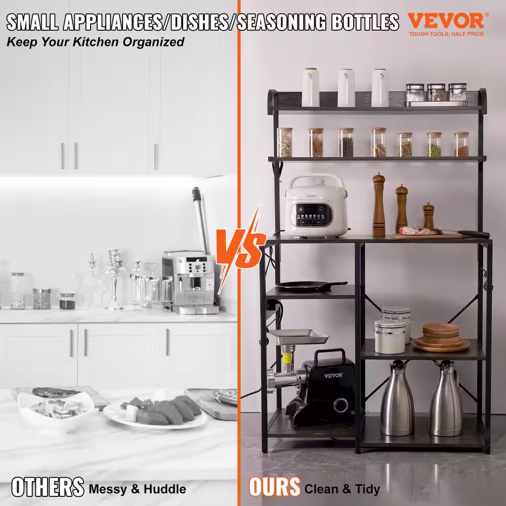 VEVOR Kitchen Bakers Rack 6-Tier Microwave Oven Storage Cabinet Power Outlet