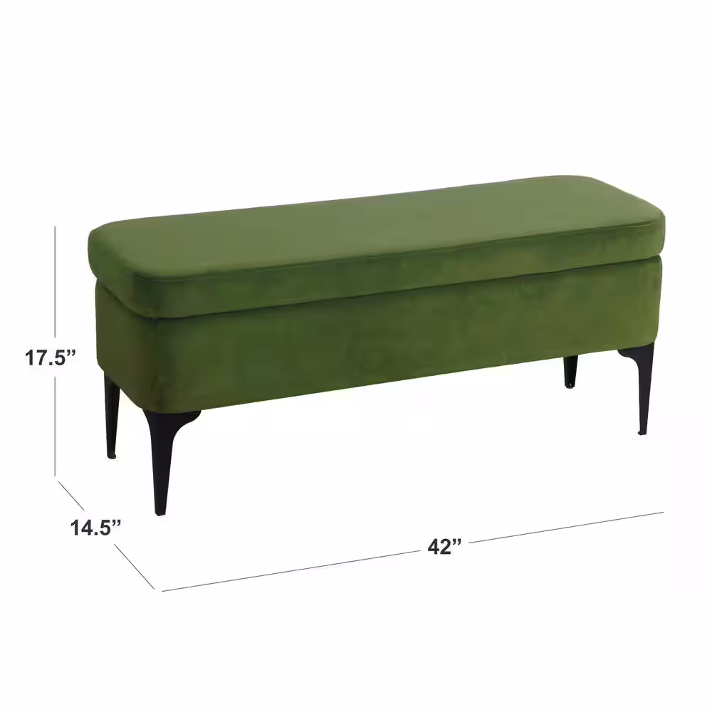 Homepop Large Modern Green Velvet Storage Bench 17.5 in. H x 42 in. W x 14.5 in. D