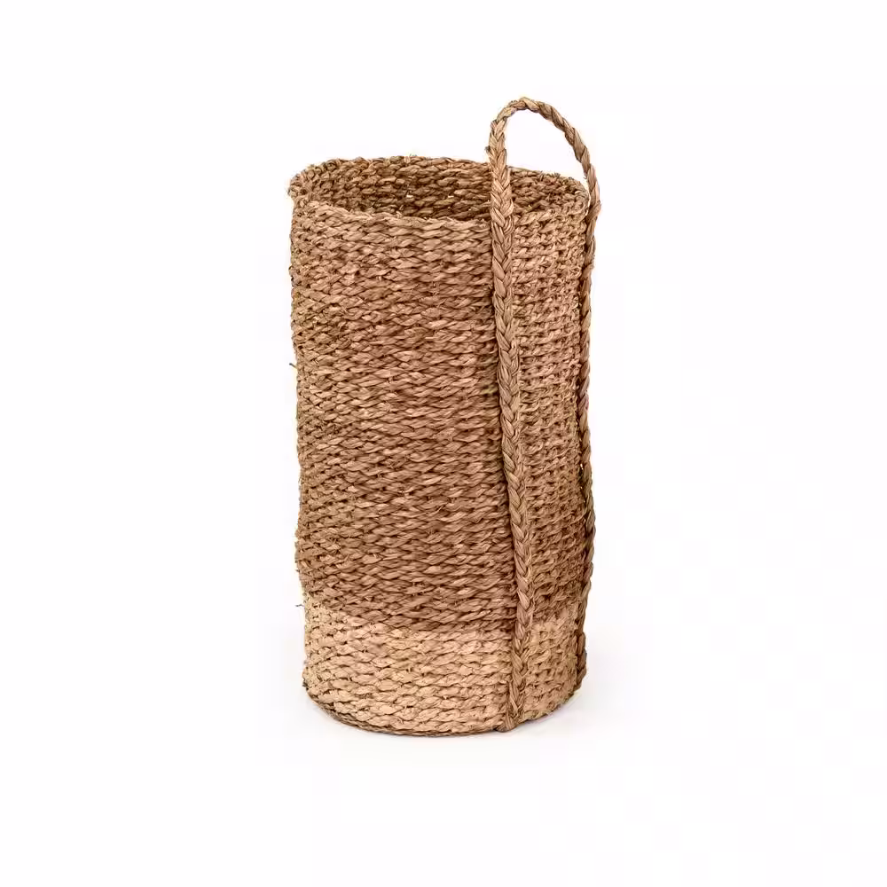 Zentique Two-toned Hand Woven Cylindrical Wicker Seagrass and Corn Husk Leaf Large Basket with Single Handle