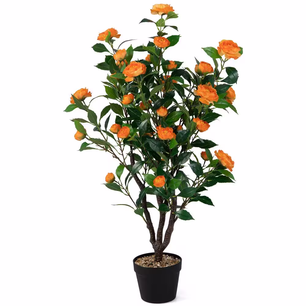 HONEY JOY 40 in. Artificial Camellia Tree Faux Flower Plant Artificial Tree in Cement Pot Other Greenery Potted Plant