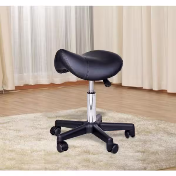 HOMCOM Rolling Black Saddle Stool, Swivel Salon Chair, Ergonomic Faux Leather Stool, Adjustable Height with Wheels