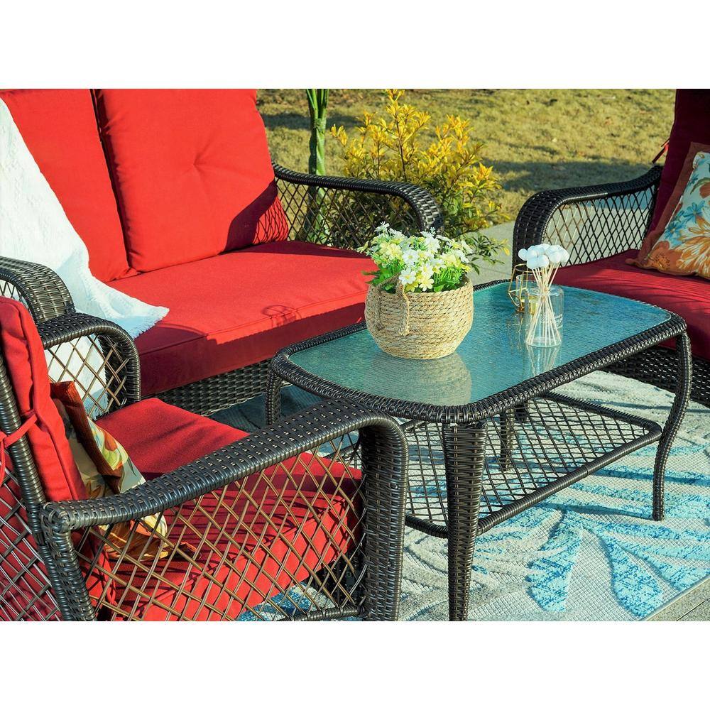 None Black 6-Pieces Metal Patio Conversation Sectional Seating Set with CushionGuard Red Cushions