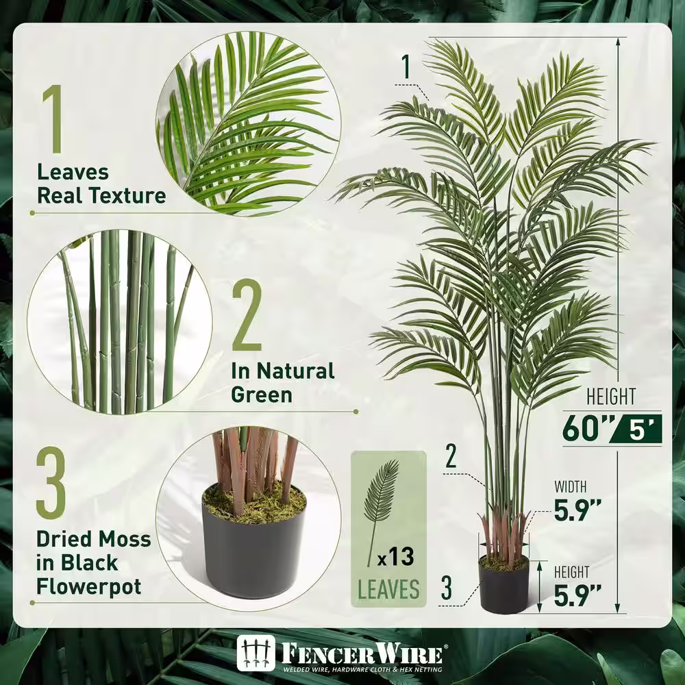 Fencer Wire 5 ft. Green Artificial Palm Tree, Faux Dypsis Lutescens Plant in Pot with Dried Moss