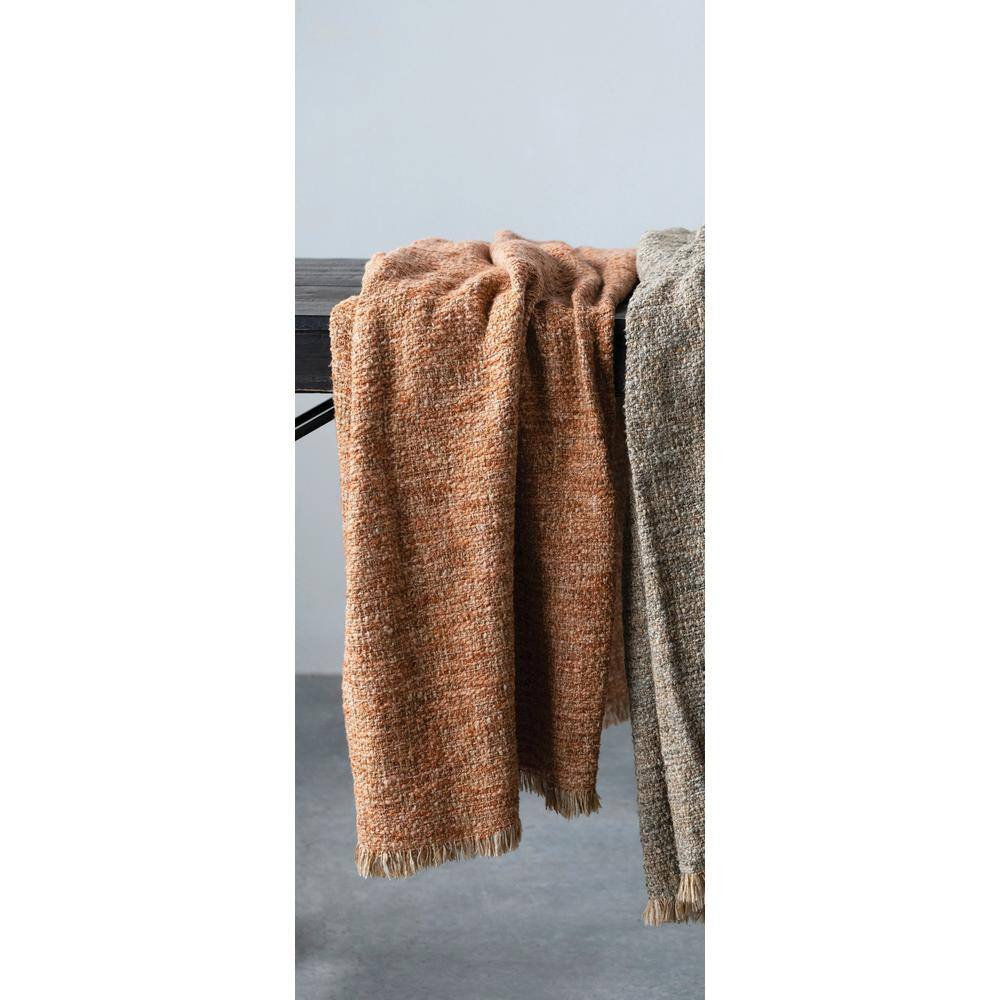 Storied Home Woven Melange Cotton Brown Colored Blend Boucle Throw with Fringe