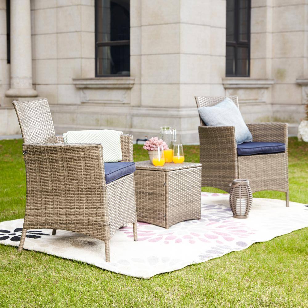 Patio Festival 3-Piece Wicker Patio Conversation Set with Blue Cushions