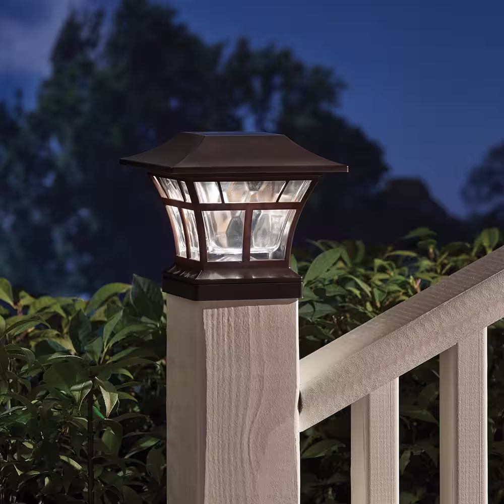 Hampton Bay Mediterranean Bronze Integrated LED Fits 4x4x or 6x6 Posts Solar Deck Post Cap Light