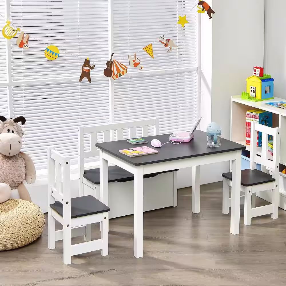 Costway 4PCS Rectangle Kids Wood Top Gray Activity Table and Chairs Set with Storage Bench Study Desk