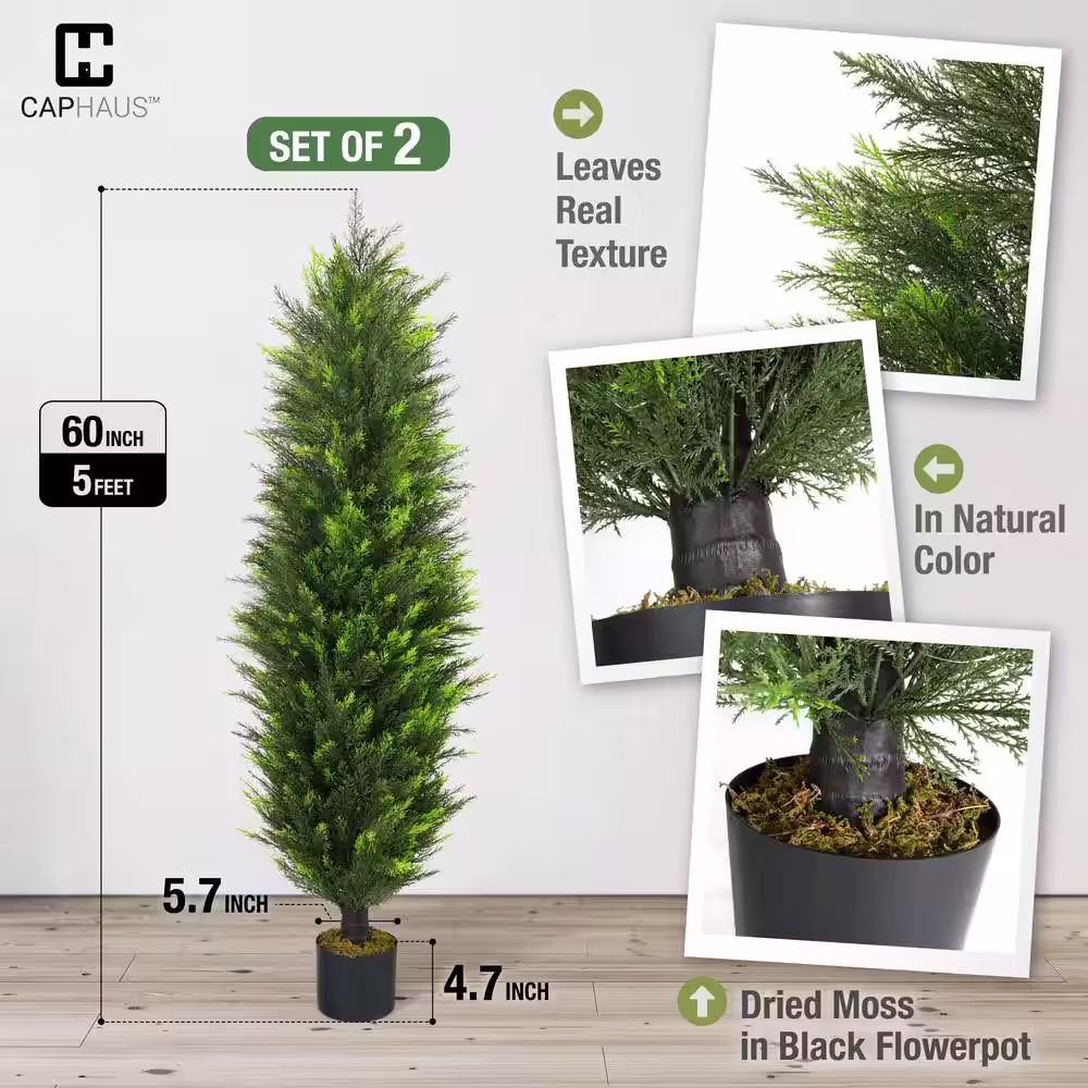 CAPHAUS 5 ft. Green Artificial Cedar Tree, Natural Faux Plants for Outside Planter with Dried Moss, UV Resistant, Set of 2