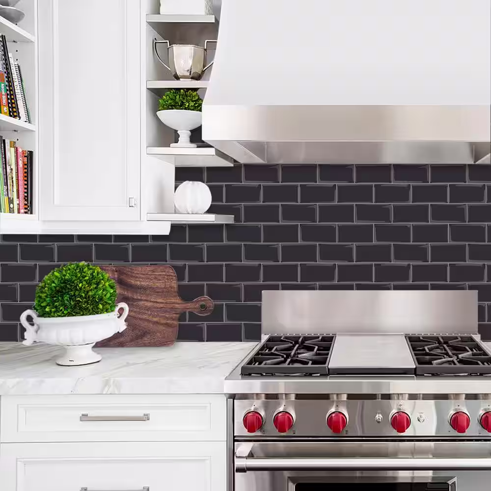 MURENO Black Subway 10.00 in. x 12.60 in. Vinyl Peel and Stick Backsplash Tile (3.5 sq. ft./pack)