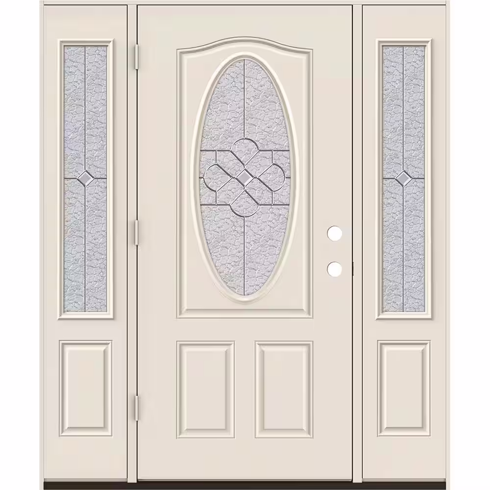 JELD-WEN 60 in. x 80 in. Right-Hand/Inswing 3/4 Oval Brevard Decorative Glass Primed Steel Prehung Front Door w/Sidelites