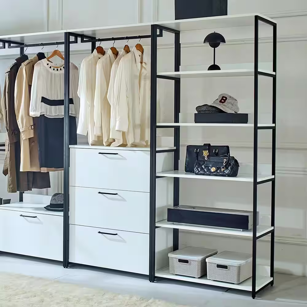 None Fiona 143 in. W White Freestanding Walk in Wood Closet System with Metal Frame