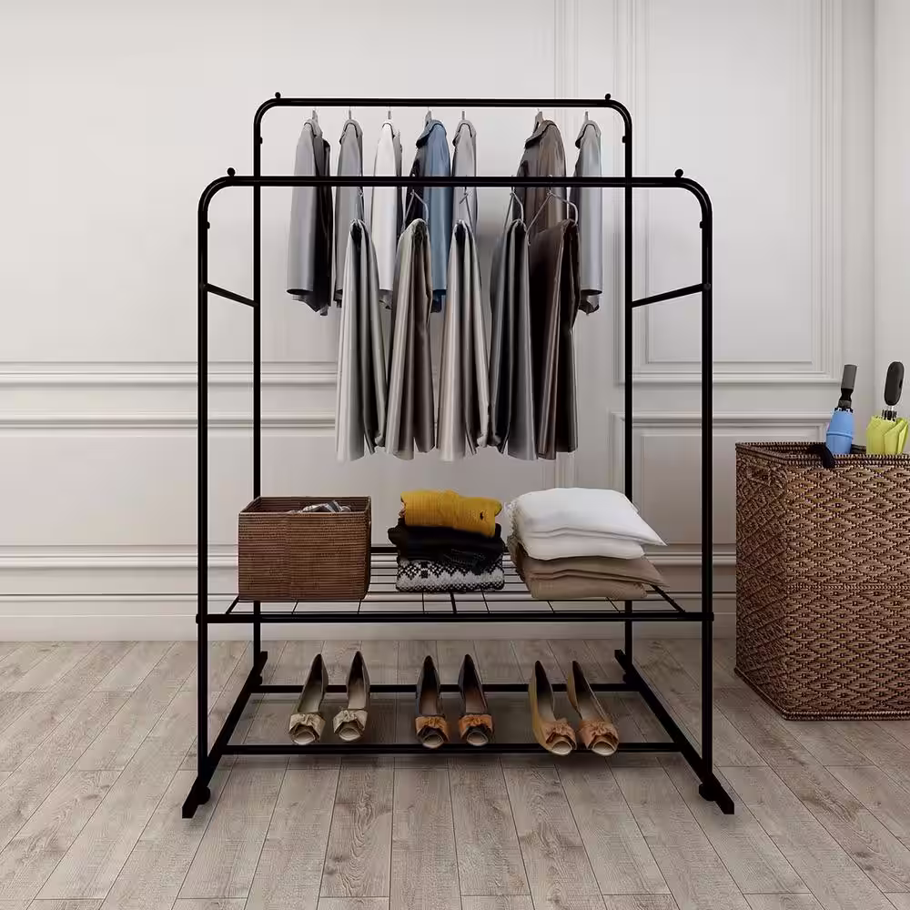 None Black Metal Garment Clothes Rack Double Rods 43 in. W x 61 in. H