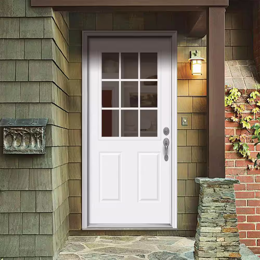 JELD-WEN 36 in. x 80 in. 9 Lite Primed Fiberglass Prehung Left-Hand Inswing Entry Door w/Brickmould
