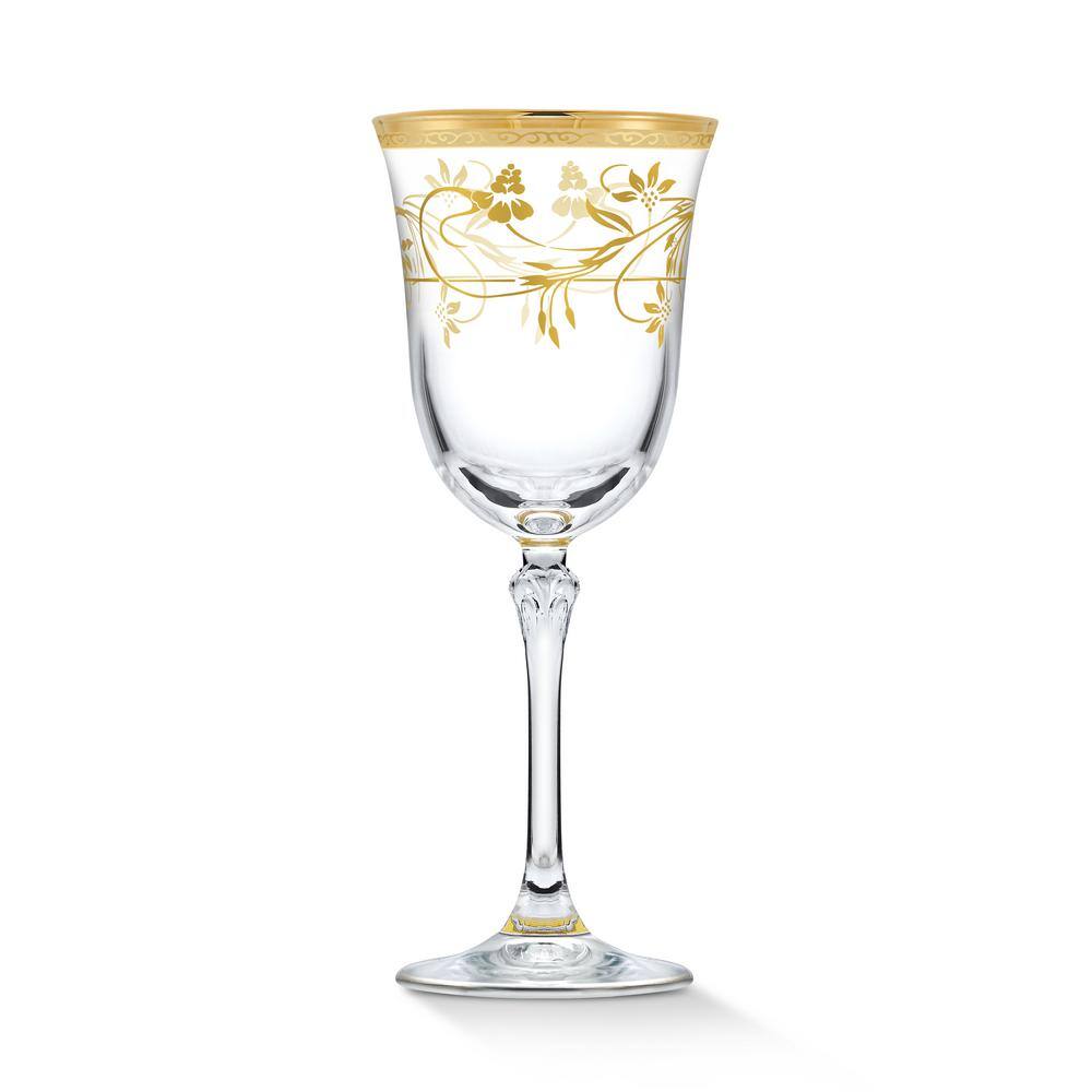 Lorren Home Trends 7 oz. Traditional Floral and Gold White Wine Goblet Set (Set of 4)