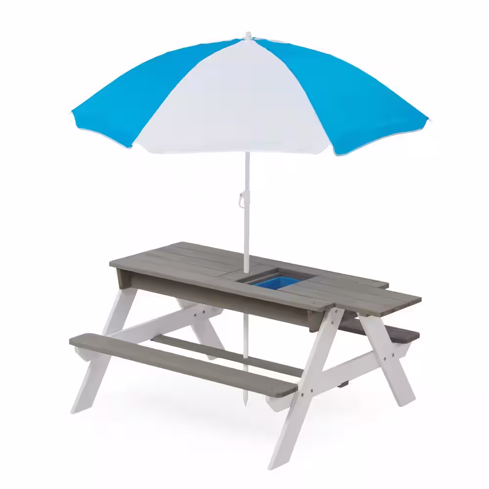 None 35 in.W Gray 3-in-1 Kids Outdoor Wooden Rectangle Picnic Table with Umbrella, Convertible Sand and Water