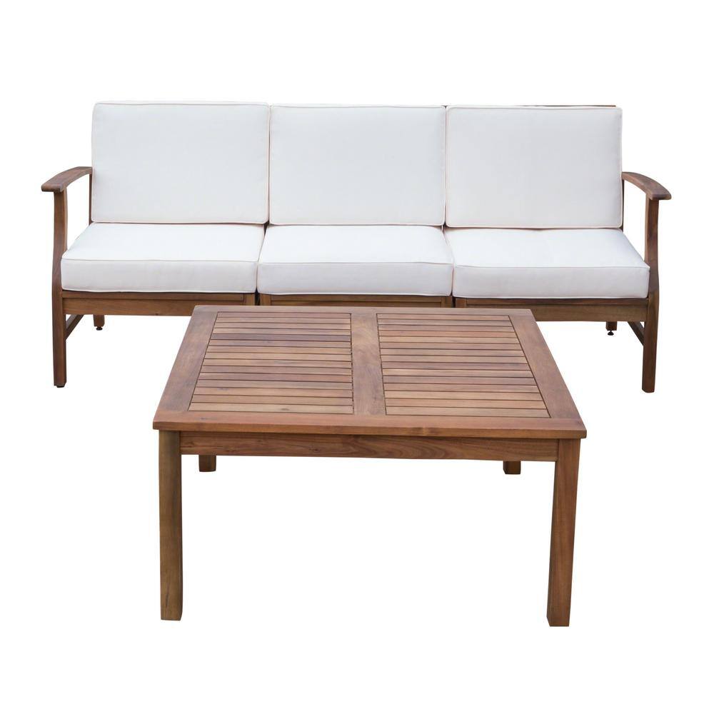 Noble House Perla Teak Brown 4-Piece Wood Patio Conversation Seating Set with Cream Cushions