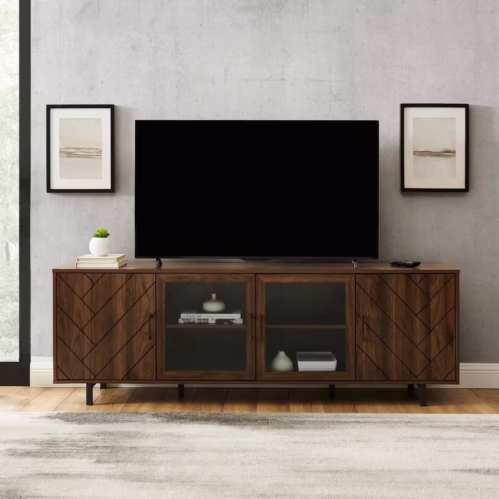Welwick Designs 70 in. Dark Walnut Wood and Glass Modern Herringbone TV Stand with 4-Drawers (Max tv size 80 in.)