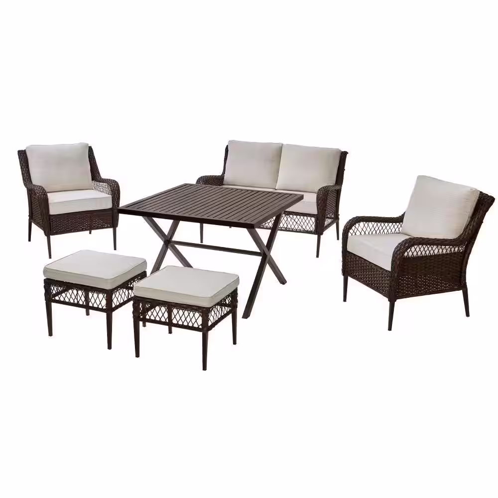 Hampton Bay Bayview 6-Piece Wicker Patio Conversation Set with Beige Cushions